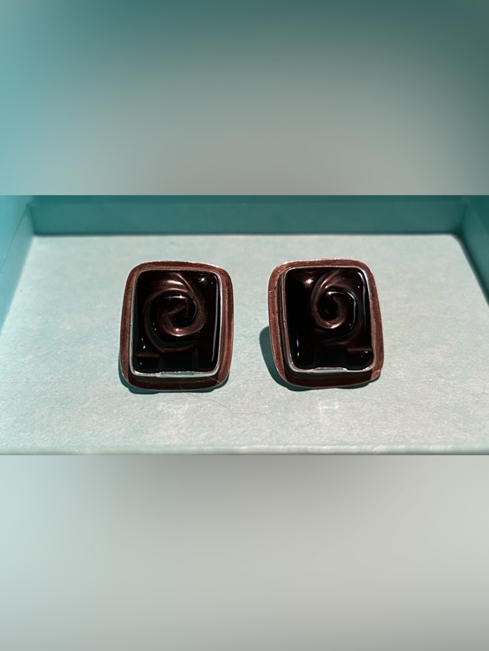 Swirled Square Black Onyx in Sterling Silver Earrings by Tabra
